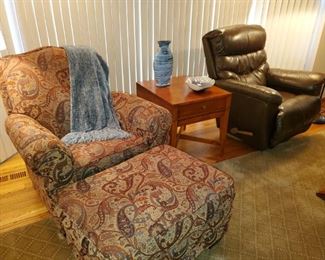 Brown Leather Lazy Boy recliner,  Paisley Upholstered Lazy Boy recliner, w  matching ottoman