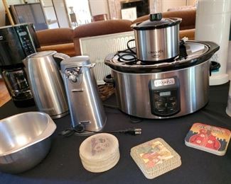 Small Kitchen Appliances,  crockpot, Cuisinart can opener , Cuisinart hot pot, Krups coffee pot, mini crock pot,