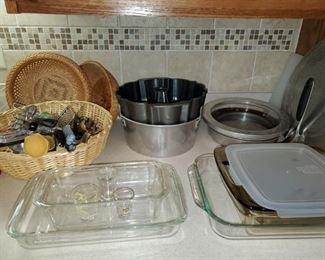 kitchen,  bakeware, bundt pans , clear casseroles 