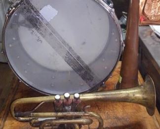 Snare Drum, Trumpet, Copper Hunting horn. 