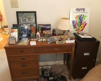 Desk, File Cabinet, Office Supplies, Cards