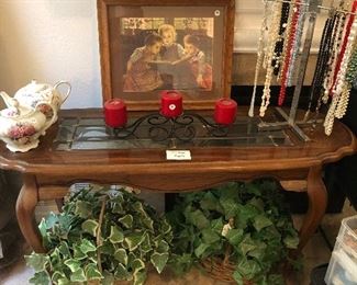 Sofa Table, Faux Plants, Costume Jewelry