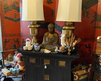 Large hand painted Asian panel  and gorgeous old chest.