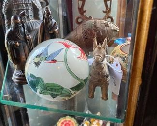 Pretty paperweight and interesting figurines and memorabilia