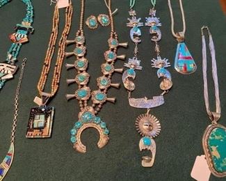 Nice squash blossom necklace and earrings and other great Native American necklaces