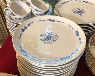 Many Blue Brocade Elite Japan dinner plates and 42 cups