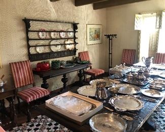 Library table, dining table and iron pedestal urn holders NFS