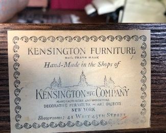 Label on Kensington mahogany octagonal poker/games table stating it is handmade