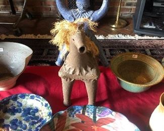 Large Mid Century Scandinavian ceramic candle holder hollow figure on horse back