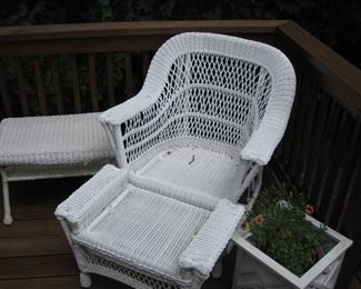Wicker chair, ottoman and tables