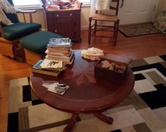 Coffee table,  Amish 2-poster glider with footstool, ladderback chair, washstand, lamp