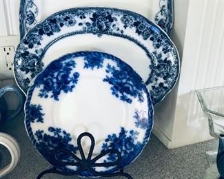 Great Blue and White Plate and Platters.  Round Limoges 1891, Oval Arcadia Platter, F & S Rectangular Platter.