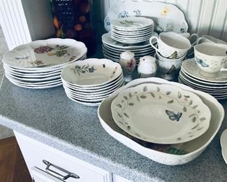 Lenox Butterfly Meadow 55 pieces. 8 Dinner Plates, 8 Salad Plates, 8 Cups and Saucers, 8 Cereal bowls, 8 fruit bowls, 2 Serving bowls, 1 platter, 1 salt and pepper 1, Cheese Plate 2 Cover