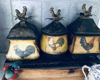 Love this Set of 3 Rooster Canisters on tray