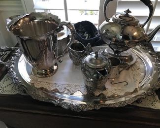 Wallace Borough  Serving Tray. Early American  Silver Co Silver Pitcher, creamer, small tea pot, Godinger Silver Box w lid and red velvet lining. Wonderful TeaPot on burner