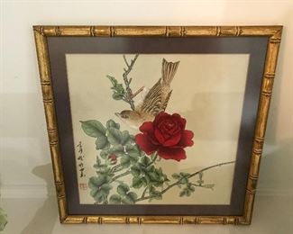 Oriental painting of bird and Rose