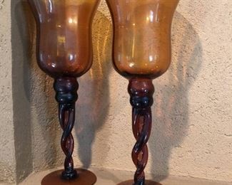 Pair of 13in High Amber Colored Glass Hurricanes