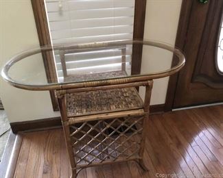 Vintage Cane Oval Console Table with Shelf