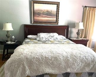 Pennsylvania House king size bed and night stand, drop-leaf side table, silver tone lamps and framed art 