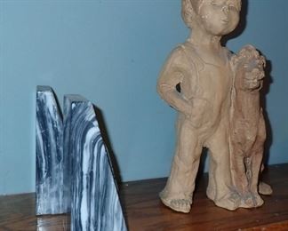 MARBLE BOOKENDS - POTTERY BOY WITH DOG