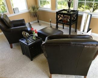 Pair of Espresso Leather Armchairs & 1 Matching Leather Ottoman