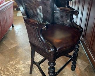 Gorgeous Set of Six Bar Stools.  Leather Seats in Perfect Condition.  Some Parts of Chairs Scuffed but Can be easily stained.  Large! Four Feet High , Seat 2 feet 7 inches High, 2 feet 3 inches Wide. $1500.00 Call to See!