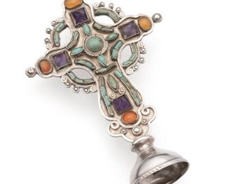 1025
A Matl Gem-Set Sterling Silver Table Cross
1934-1948; Taxco, Mexico
Stamped: Matl / Sterling / 925
Designed by Matilde Poulat, set with turquoise cabochons, faceted amethysts, and orange stones on a cloche base
4" H x 2.75" W x 1" D
32.0 grams
Estimate: $500 - $700