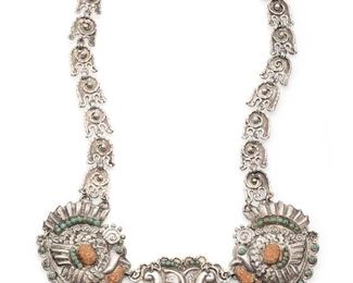 1085
A Matl Sterling Silver Turkey-Motif Necklace
Third-quarter 20th Century; Taxco, Mexico
Stamped: Matl / Mexico 925 / Salas / Eagle 129 / YOD-PAT 10961 / M. Regis
The repousse necklace set with chip coral and turquoise adorned with turkeys
23.75" L x 2.125" H x 7" W
Estimate: $2,000 - $3,000