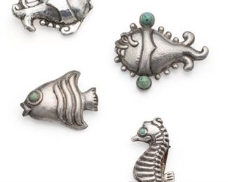 1154
Four Matl Silver Aquatic-Themed Jewelry Items
1934-1940 and 1934-1948; Taxco, Mexico
Each stamped for Matl
Designed by Matilde Poulat, comprising an angelfish brooch (1.625" H x 2" W), a fish brooch with scrolled tail and two turquoise cabochons (2.25" H x 2.5" W), a fish brooch with scrolled tail (2" H x 2.25" W), and a seahorse clip (2.5" H x 1.25" W), 4 pieces
77.5 grams
Estimate: $400 - $600