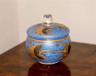 Lidded Cobalt Blue Jar with Sun and Moon