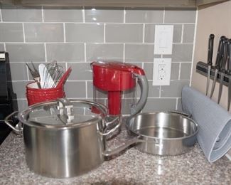 Red Brita Water Pitcher, Red Utensil Crock, Set of 4 Steak Knives, Dish Mat, 8qt Stock Pot and Fry Pan
