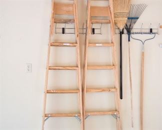 2 6ft Wood Ladders, Corn Broom and Rakes