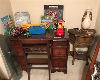 Desk & Chair with glass too; small table; toys 
