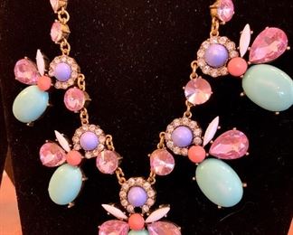 Close up of colorful statement necklace.
