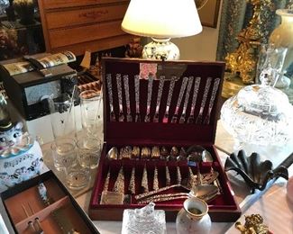 Rogers Bros stainless steel flower motif 32 piece flatware like new. Playboy martini pitcher with 4 glasses