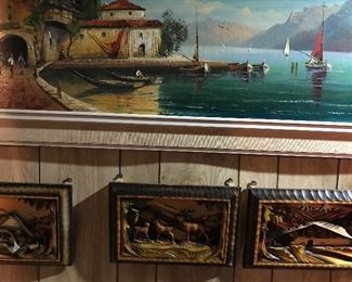 Small 3D wood carved pictures and Sea Side oil painting with signature