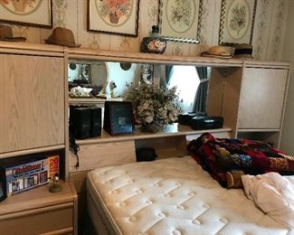 Looks barely used mattress/box spring. Complete bed  lighted head board and side tables. Great velvet vintage bed spread.