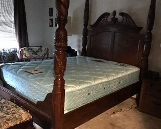 Large 4 poster bed and mattress. Upholstered bench