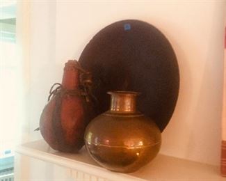 West African wooden plate, gourd milk jug, brass vessel