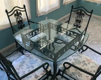 #13) $100 - Iron Table with Glass Top and 4 Chairs.  42 x 42.