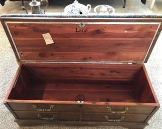 #25) $125 - Lane Cedar Chest with cushioned upholstered top.  52w x 20d x 24h.