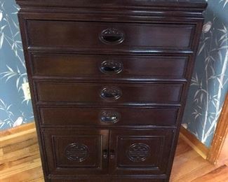 #22) $300 - Solid wood Silverware Cabinet with an Asian Flair.  Carved wood design.  24w x 18d x 42h.  