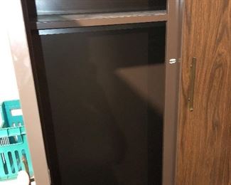 #105) $50 - Bargains Metal Amoire Storage Cabinet with shelf, hanging rod and hinged doors.  