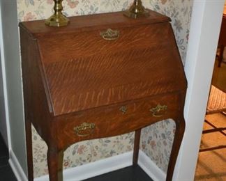 Antique Early American Oak Drop Front Desk with pull out drawer and Cabriole style legs