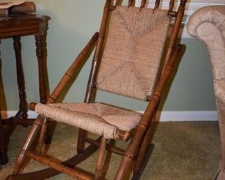 Antique Bamboo Wood Rocker with Rush Seat and Back in Beautiful condition!