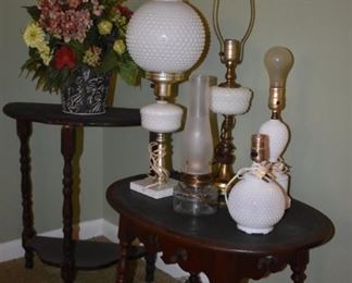 Antique Tables and Various Styles of Milk Glass Table Lamps