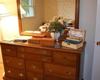 Gorgeous Quality Bedroom Set purchased in 1949 features a 10 Drawer Dresser with Mirror, Spindle and Spool Style Bed and 9 Drawer Chest of Drawers in absolutely beautiful condition!