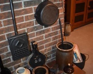 Antique Crocks, Iron Ware (original and in Beautiful Condition), an Antique Hand Bellows and More!