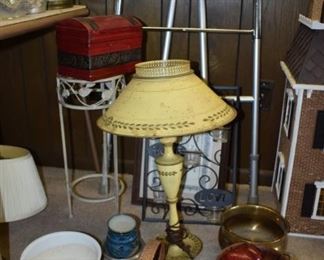 Antique Table Lamp with Matching Metal Shade and Base plus Wooden Apples in Basket and Wooden Pail, Antique Metal Plant Stand, and more!