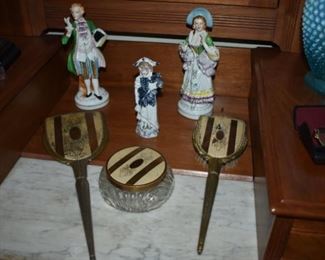 Collectible Porcelain Figurines and Antique Dresser Set featuring Hand Mirror, Hand Brush and Hair Pin Jar